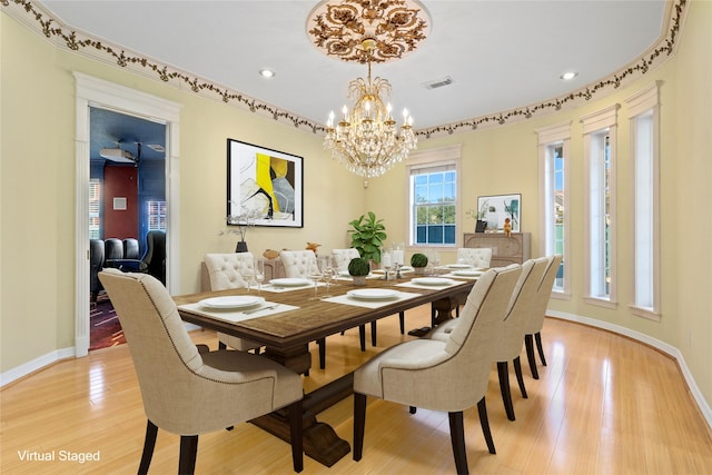 dining room featuring a chandelier, recessed lighting, visible vents, baseboards, and light wood-style floors