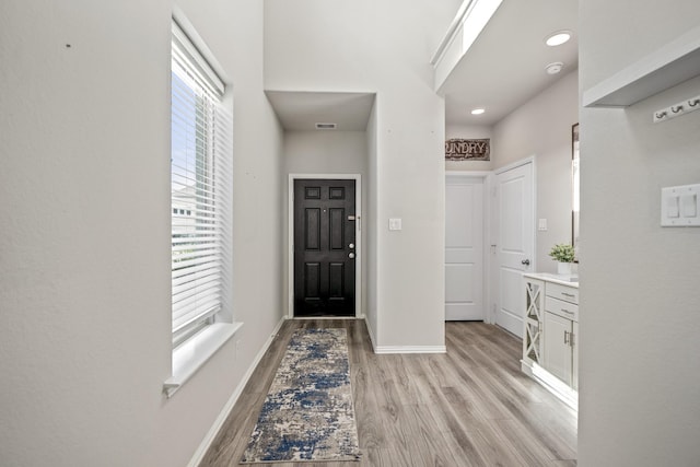 foyer featuring a high ceiling and light wood-type flooring