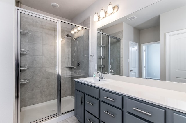 full bathroom with double vanity, a sink, visible vents, and a shower stall