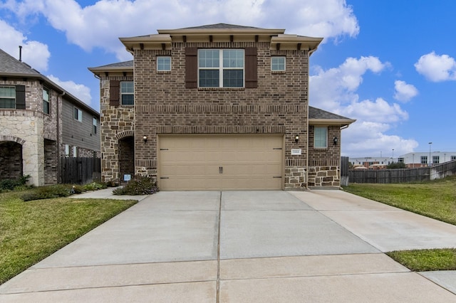 view of front facade featuring brick siding, concrete driveway, fence, a garage, and stone siding