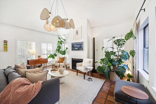 living room featuring crown molding