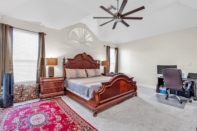 bedroom featuring ceiling fan, lofted ceiling, and carpet floors