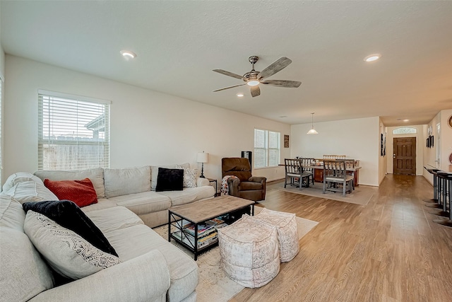 living room with ceiling fan and light hardwood / wood-style flooring