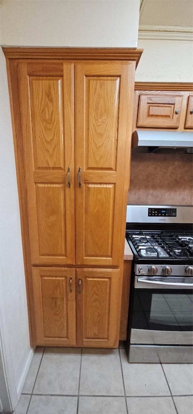 details featuring baseboards, light countertops, stainless steel range with gas stovetop, and brown cabinets