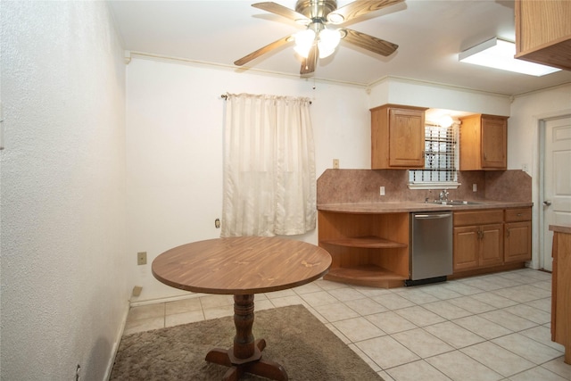 kitchen with brown cabinetry, decorative backsplash, open shelves, and stainless steel dishwasher