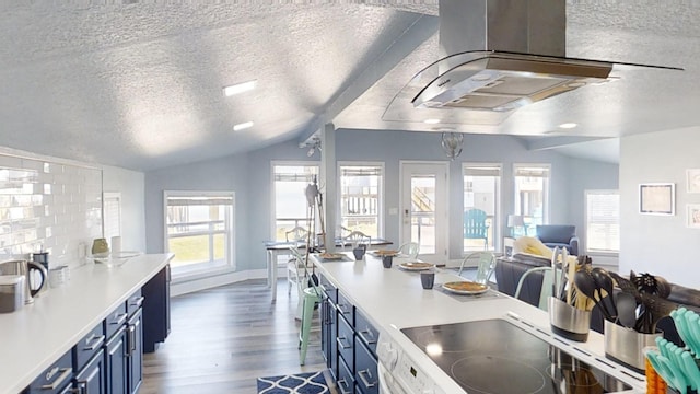 kitchen with blue cabinets, lofted ceiling, range, dark wood-type flooring, and a textured ceiling