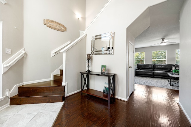 stairway featuring ceiling fan and wood-type flooring