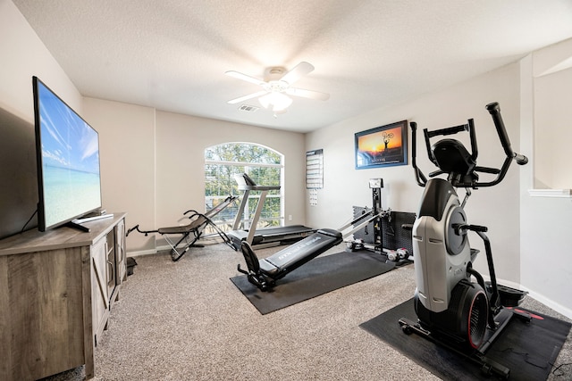 exercise area featuring a textured ceiling, ceiling fan, and carpet