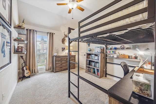 bedroom with light carpet and ceiling fan