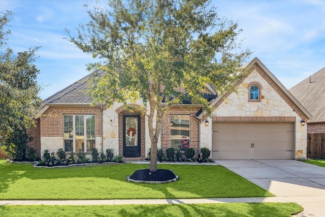 view of front of home with a front yard and a garage