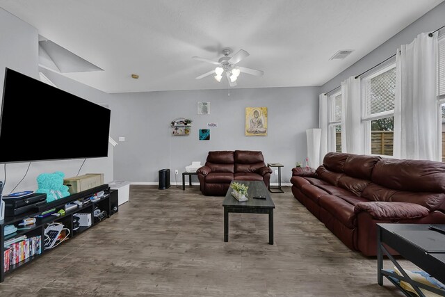 living room with ceiling fan