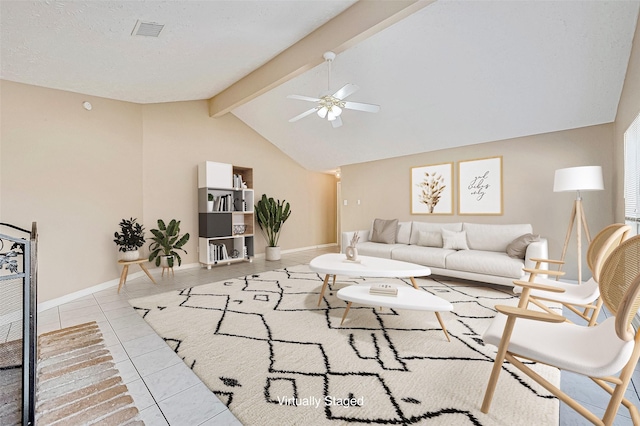 living room with ceiling fan, lofted ceiling with beams, and light tile patterned flooring