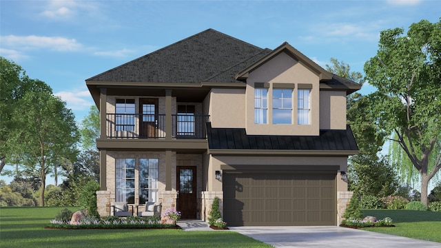 30551 Zoysia Point Ln, Fulshear, TX 77423 - view of front of house with a balcony, a standing seam roof, an attached garage, and a front yard