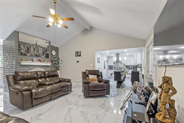 living room featuring ceiling fan, high vaulted ceiling, and beamed ceiling