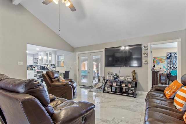 living room featuring high vaulted ceiling, ceiling fan, and french doors