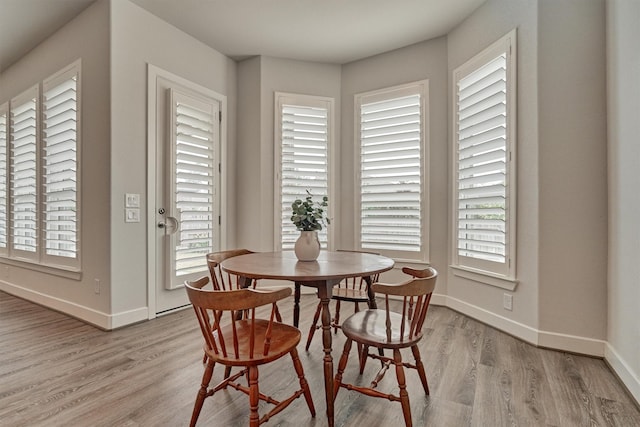 dining area with light hardwood / wood-style floors and a wealth of natural light