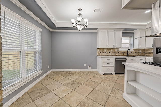 kitchen featuring hanging light fixtures, stainless steel appliances, exhaust hood, an inviting chandelier, and white cabinets