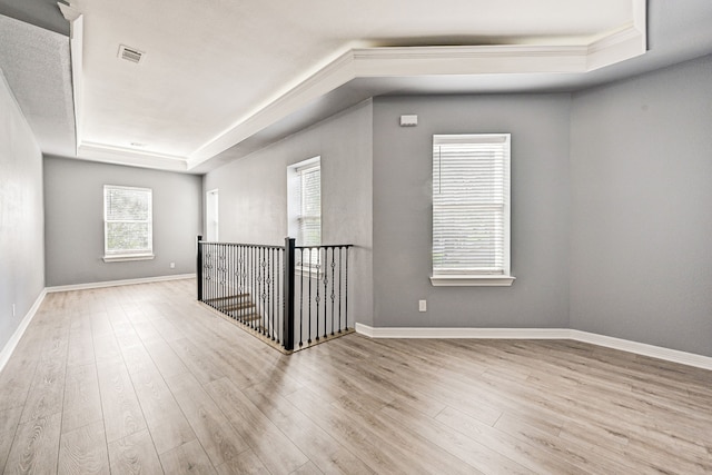 unfurnished room featuring light wood-type flooring, a raised ceiling, and plenty of natural light