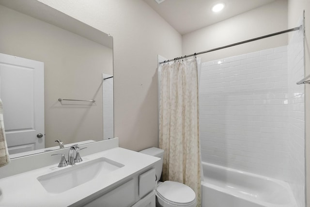 full bathroom with toilet, shower / bath combination with curtain, and vanity