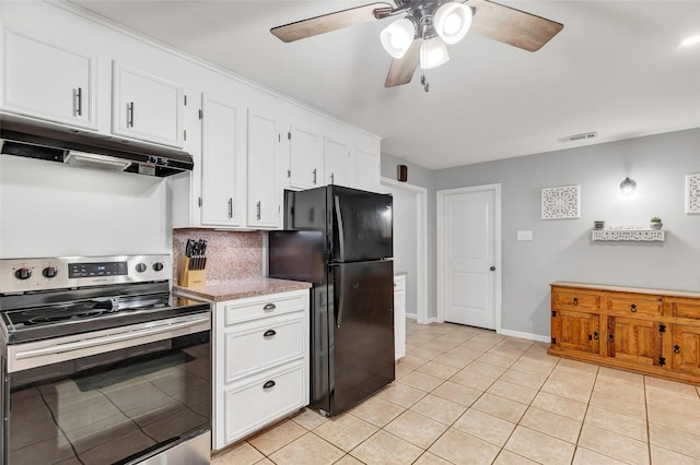 kitchen featuring black fridge, stainless steel electric stove, light tile patterned floors, white cabinetry, and ceiling fan