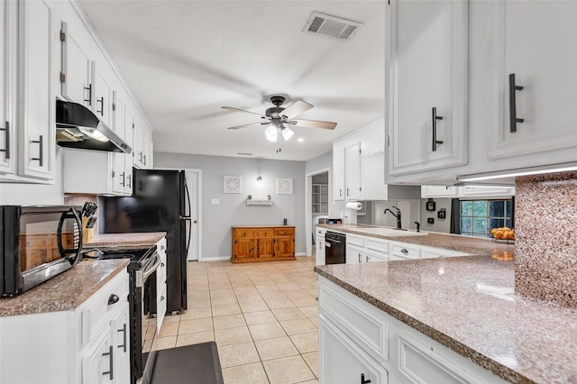 kitchen with sink, white cabinets, ceiling fan, light tile patterned floors, and stainless steel electric range