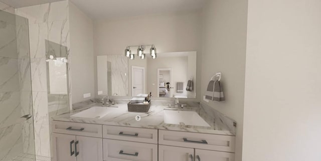 bathroom featuring walk in shower and vanity