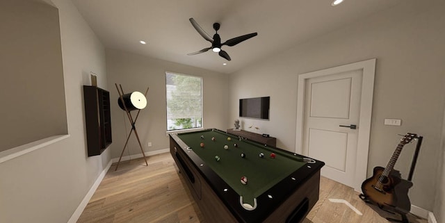 recreation room with pool table, light wood-type flooring, and ceiling fan