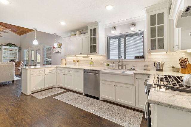 kitchen with white cabinetry, stainless steel appliances, dark hardwood / wood-style floors, tasteful backsplash, and decorative light fixtures