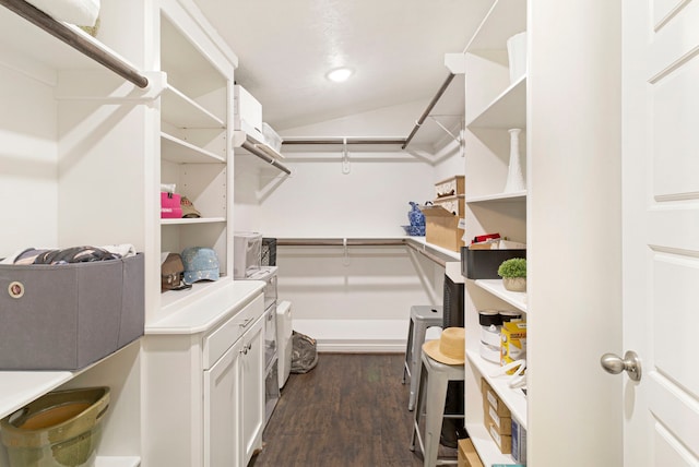 spacious closet with dark wood-type flooring and lofted ceiling