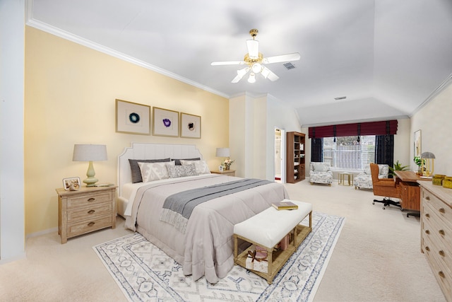 bedroom with vaulted ceiling, light carpet, ceiling fan, and ornamental molding