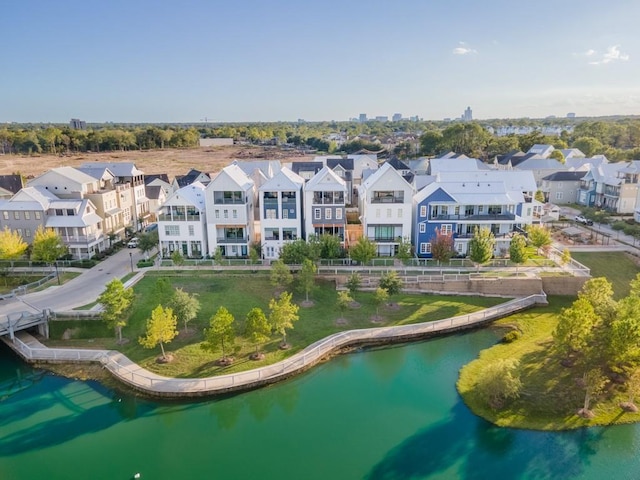 drone / aerial view featuring a water view