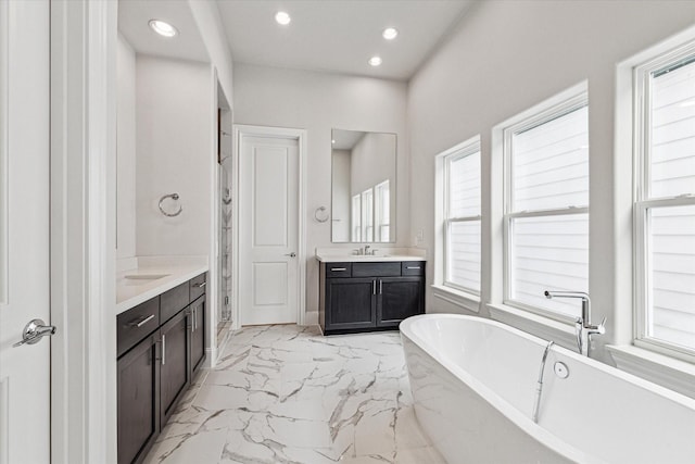 bathroom featuring a washtub, a wealth of natural light, and vanity