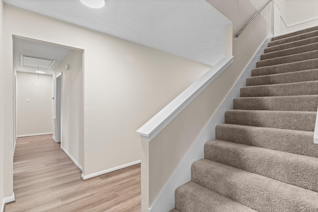 staircase with hardwood / wood-style floors