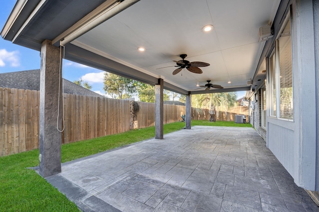 view of patio / terrace featuring ceiling fan and central AC unit