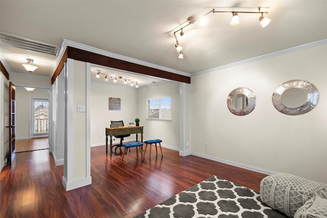 interior space featuring crown molding, a wealth of natural light, and dark hardwood / wood-style floors