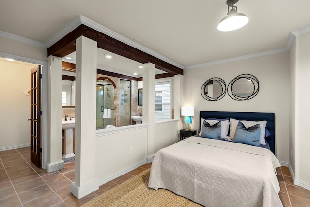 bedroom featuring tile patterned floors and ornamental molding