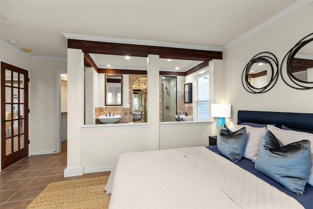 tiled bedroom with sink and crown molding