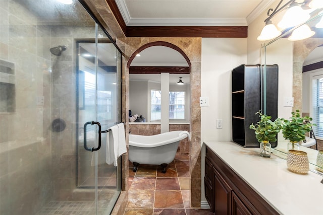 bathroom with shower with separate bathtub, vanity, tile walls, and crown molding