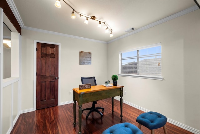 office area with dark hardwood / wood-style flooring and crown molding