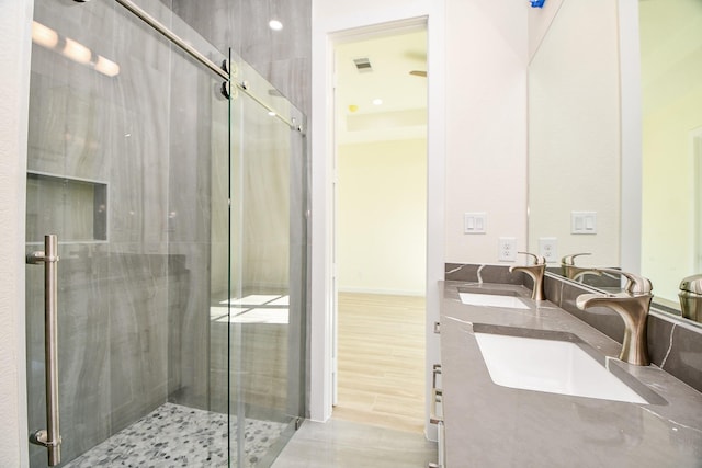 bathroom featuring vanity and a shower with shower door