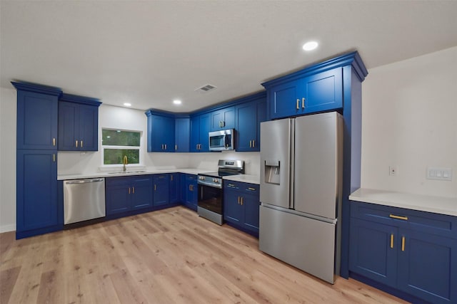 kitchen with appliances with stainless steel finishes, blue cabinets, and sink