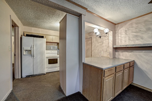 kitchen with fridge with ice dispenser, dark colored carpet, white electric range, and a textured ceiling