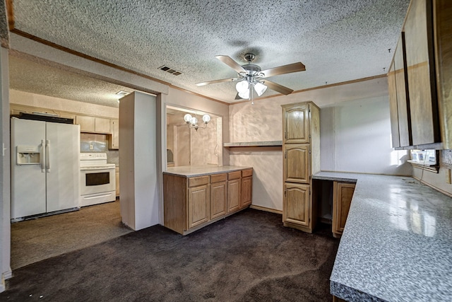 kitchen featuring white appliances, a textured ceiling, dark colored carpet, and ceiling fan