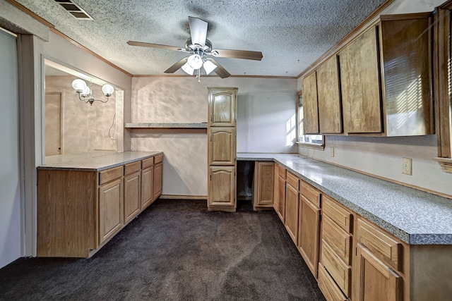 kitchen with ceiling fan, crown molding, a textured ceiling, and dark colored carpet