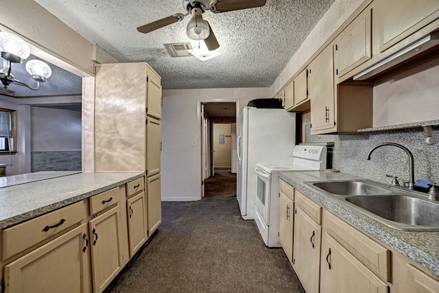 kitchen with white appliances, a textured ceiling, ceiling fan, and sink