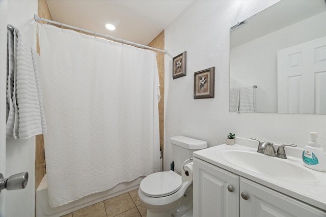 full bathroom with vanity, tile patterned flooring, toilet, and shower / bathtub combination with curtain