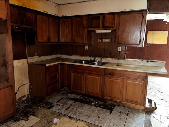 kitchen with sink, wood walls, and ceiling fan