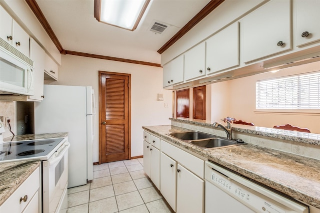 kitchen featuring white appliances, white cabinets, crown molding, and sink