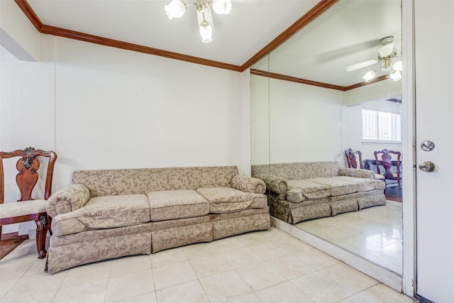 tiled living room featuring ceiling fan and crown molding