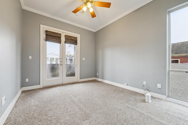 unfurnished room featuring plenty of natural light, ceiling fan, french doors, and carpet